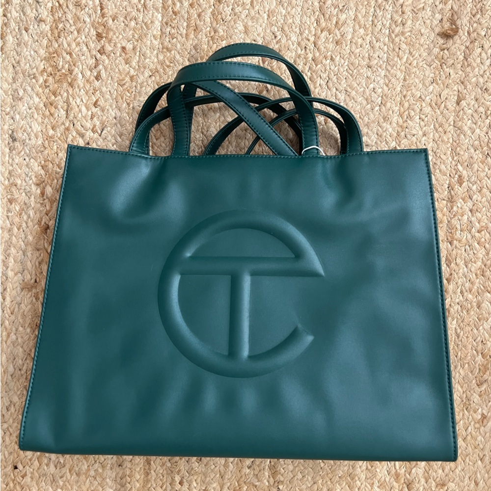Telfar Green Tote Bag with Embossed Logo and Matte Finish